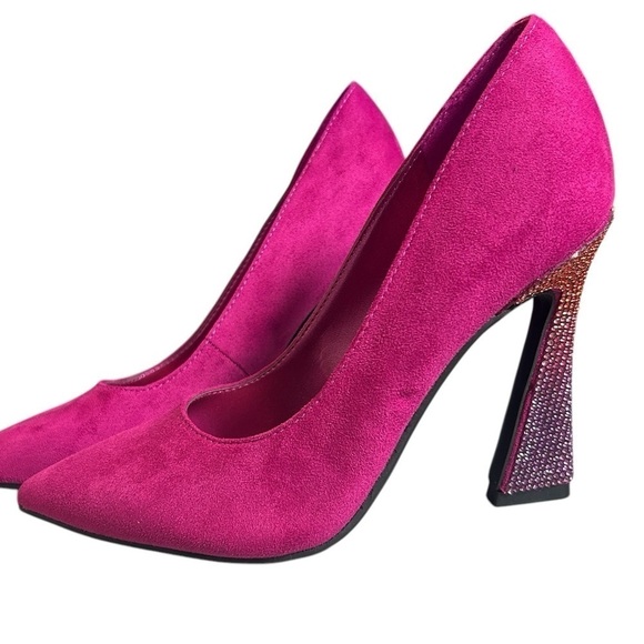 Nine West Shoes - Nine West Tunips Fuchsia Pink Suede Rhinestone Flared Block Heel Pump Sz 5